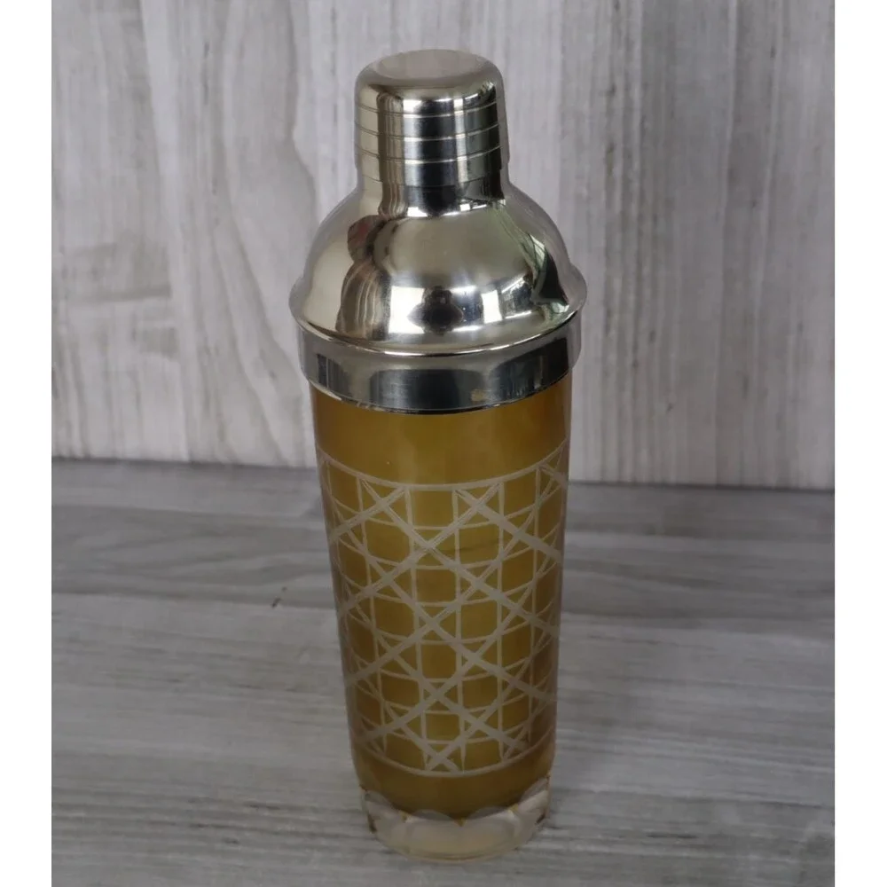 Vintage Glass MCM Barware Cocktail Shaker 3pc Set Amber Geometric Pattern Madmen